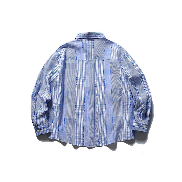 [Unisex] Oversize-Überhemd im Patchwork-Streifenmix mit Brusttasche und gerundetem Saum Drune