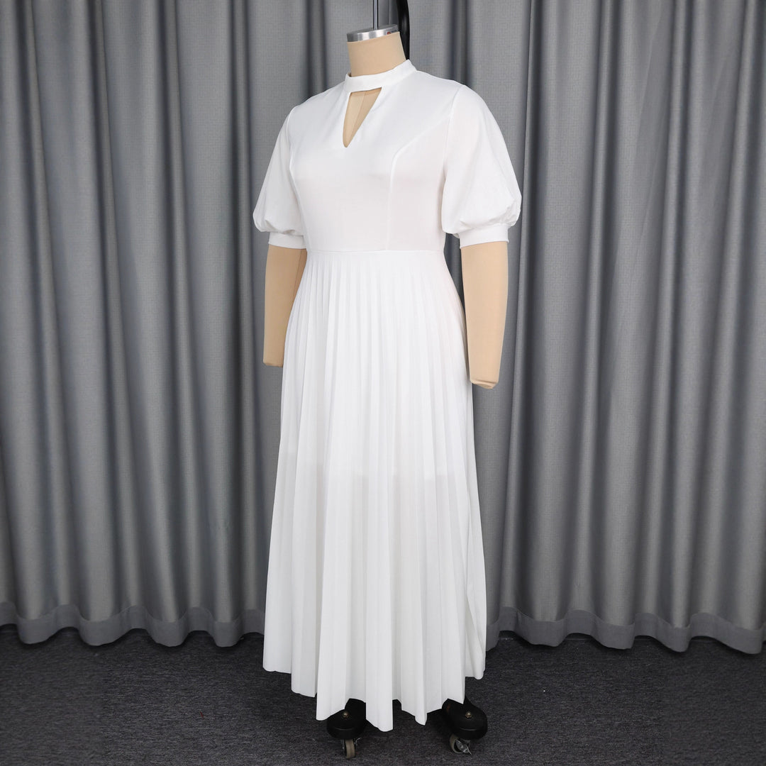 Damen elegantes Maxikleid mit plissiertem Rock und modischem Schlüssel-Ausschnitt Drune