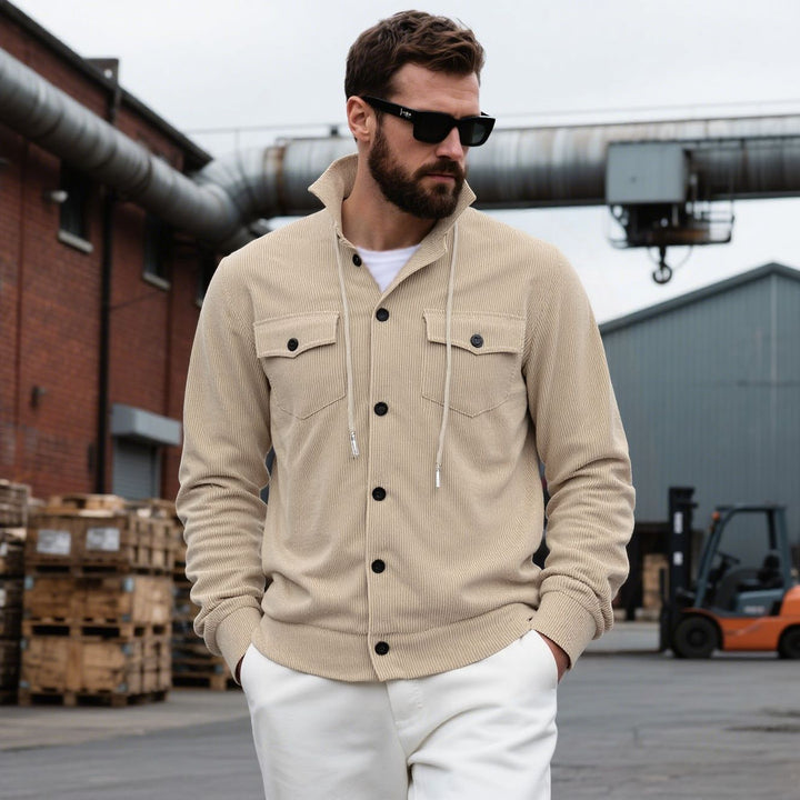 Herren nan gerippte Cord-Überhemdjacke mit Kapuze, Brustklappen und durchgehender Knopfleiste Drune
