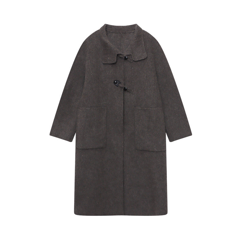 Damen eleganter Wollmantel mit asymmetrischem Kragen und vintage Knopfdetails Drune