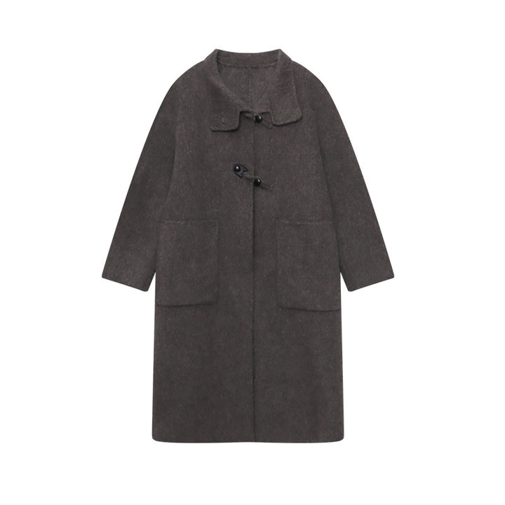 Damen eleganter Wollmantel mit asymmetrischem Kragen und vintage Knopfdetails Drune