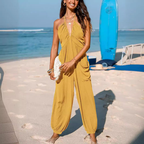Damen luftiger Jumpsuit mit tiefem V-Ausschnitt und praktischen Taschen Drune