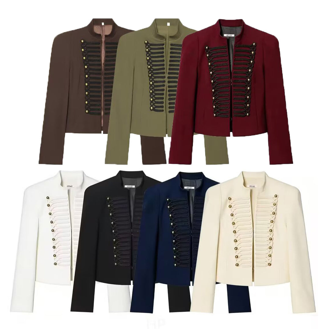 Damen Cropped Military-Blazer mit ornamentaler Kordelverzierung und Stehkragen Drune