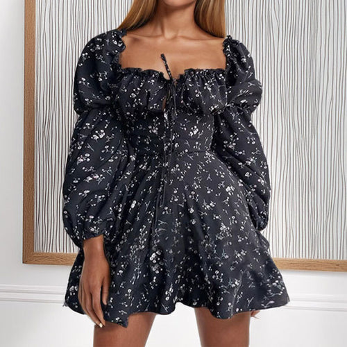 Damen Blumenkleid mit Puffärmeln und dezentem V-Ausschnitt Drune