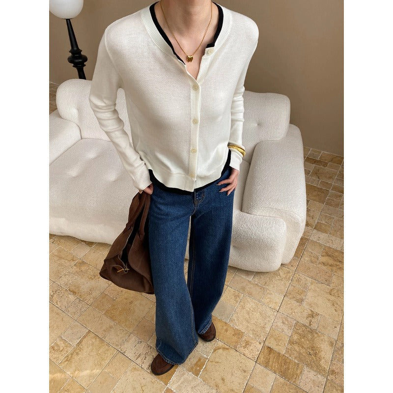Damen lässige Strickjacke mit Kontrastdetails und knöpfbarem Ausschnitt Drune