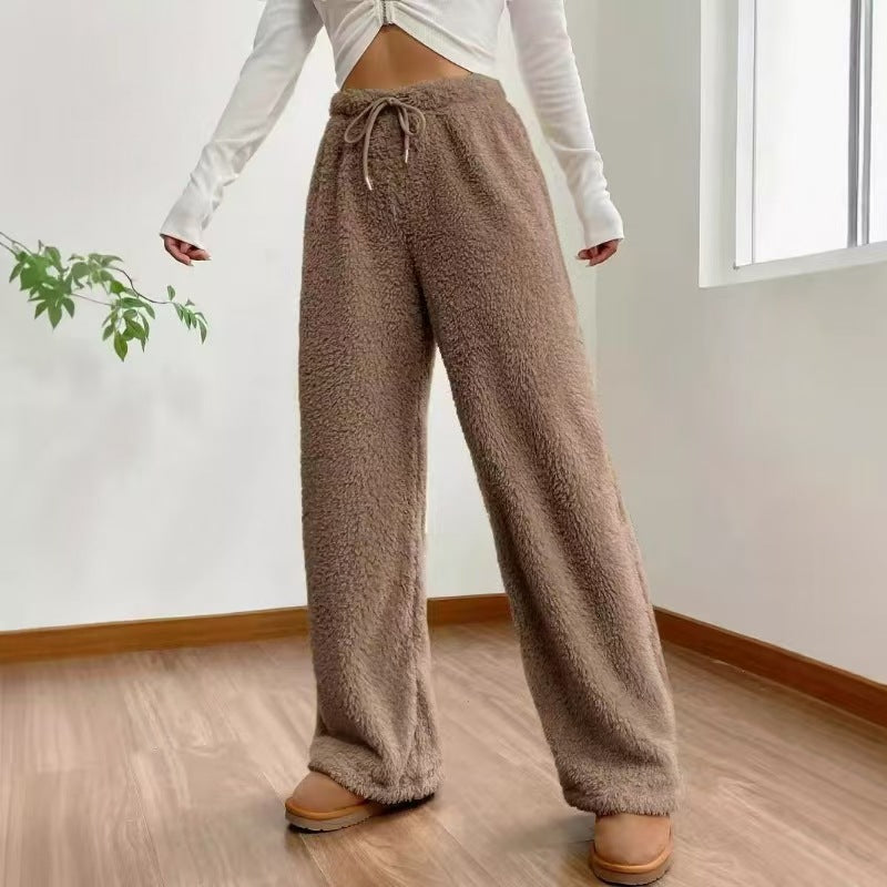 Damen nan hochtaillierte Teddyfleece-Loungehose mit weitem Bein, Kordelzug und seitlichen Eingrifftaschen Drune