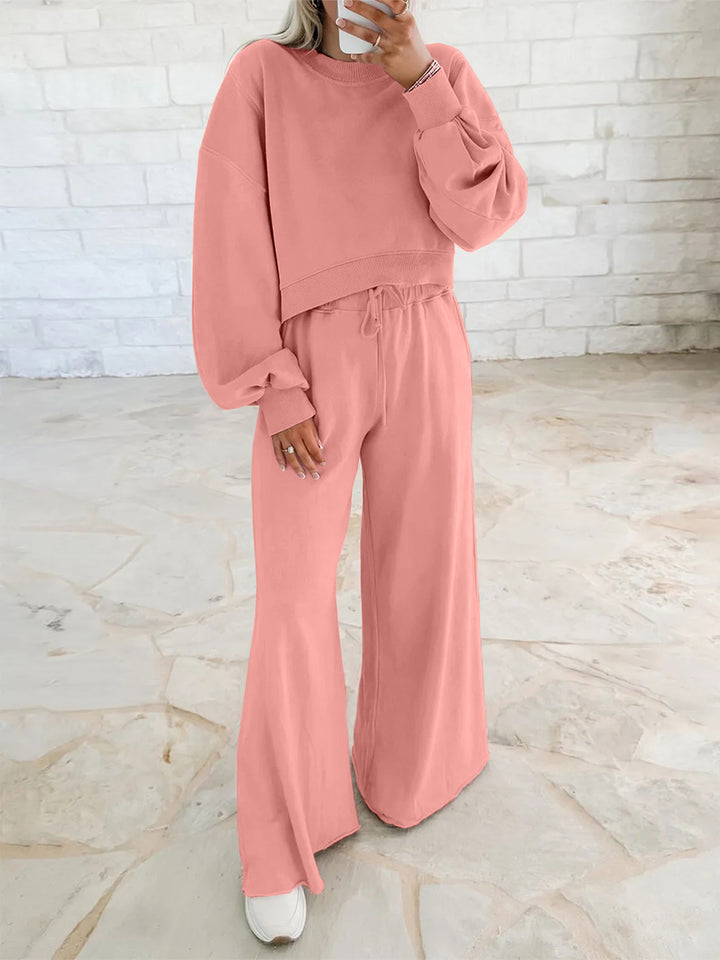 Damen Kurzpullover- und Palazzohose Lounge-Set mit Ballonärmeln Drune