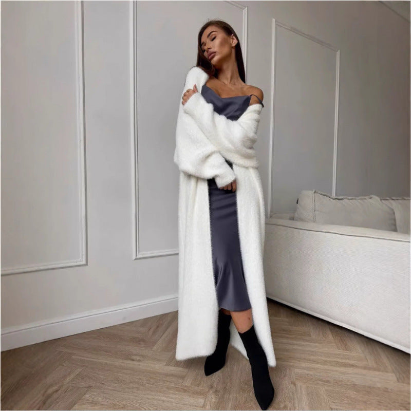 Damen Flauschiger Langstrickmantel mit elegantem Schnitt und lockeren Ärmeln Drune