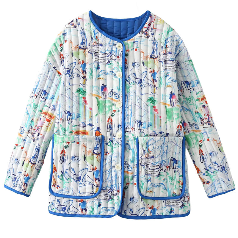 Damen nan gesteppte Steppjacke im Overshirt-Look mit buntem City-Print, Kontrastpaspel und aufgesetzten Fronttaschen Drune