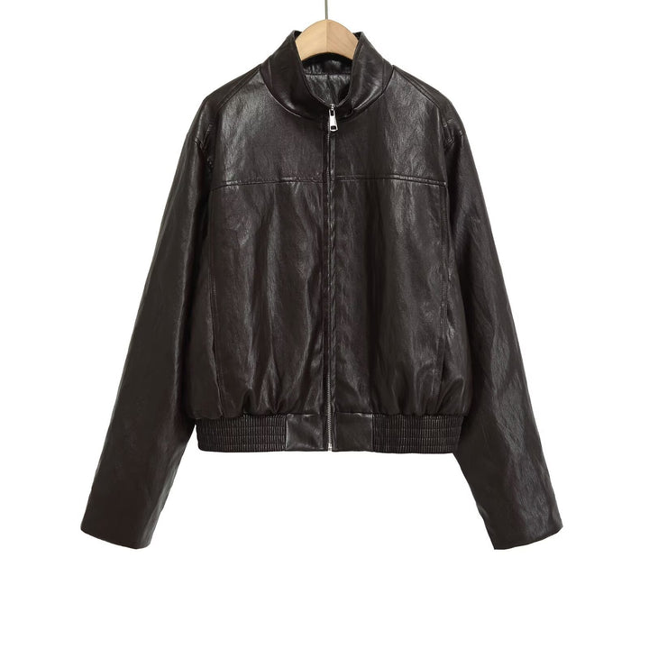 Damen Cropped-Bomberjacke in veganer Lederoptik mit Funnelkragen Drune