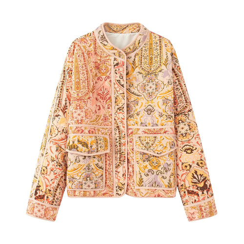 Damen elegante gepolsterte Jacke mit floralem Muster und praktischen Außentaschen Drune