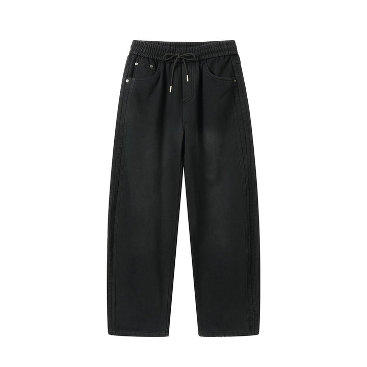 Damen Weite hochgeschnittene Jeanshose mit elastischem Bund, Kordelzug und Ziernähten Drune