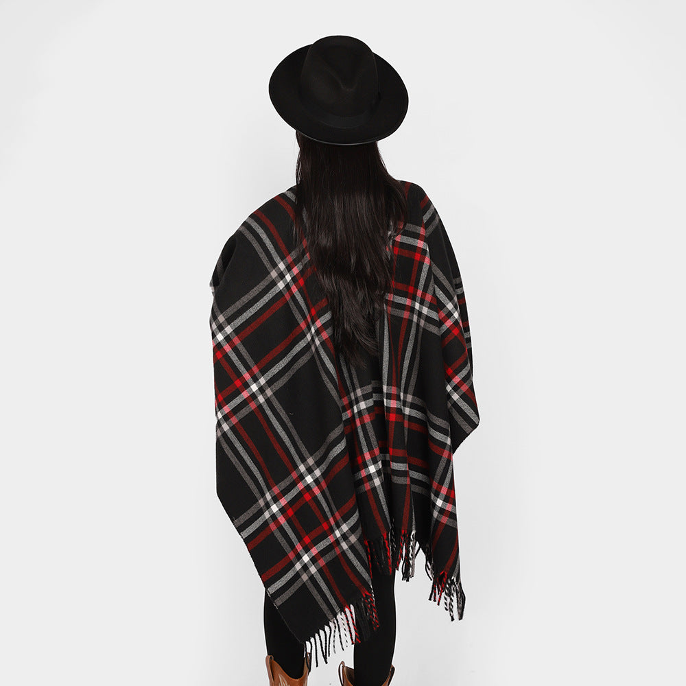 Damen Oversize-Karo-Capeponcho aus Wollmix mit V-Ausschnitt und Fransensaum Drune