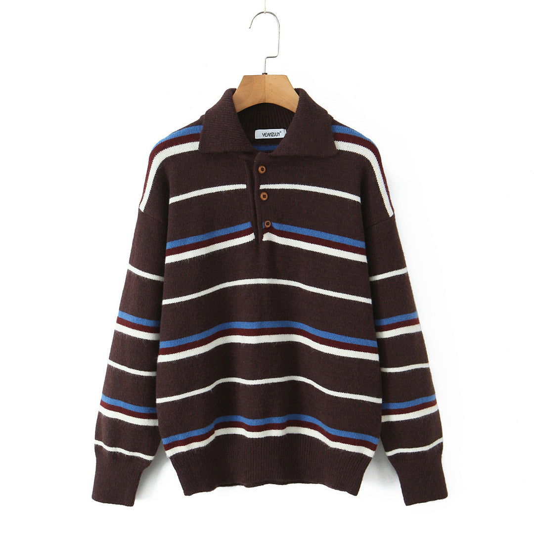 Damen gestreifter Poloshirt-Strickpullover Drune