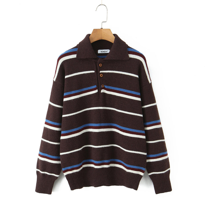 Damen gestreifter Poloshirt-Strickpullover Drune