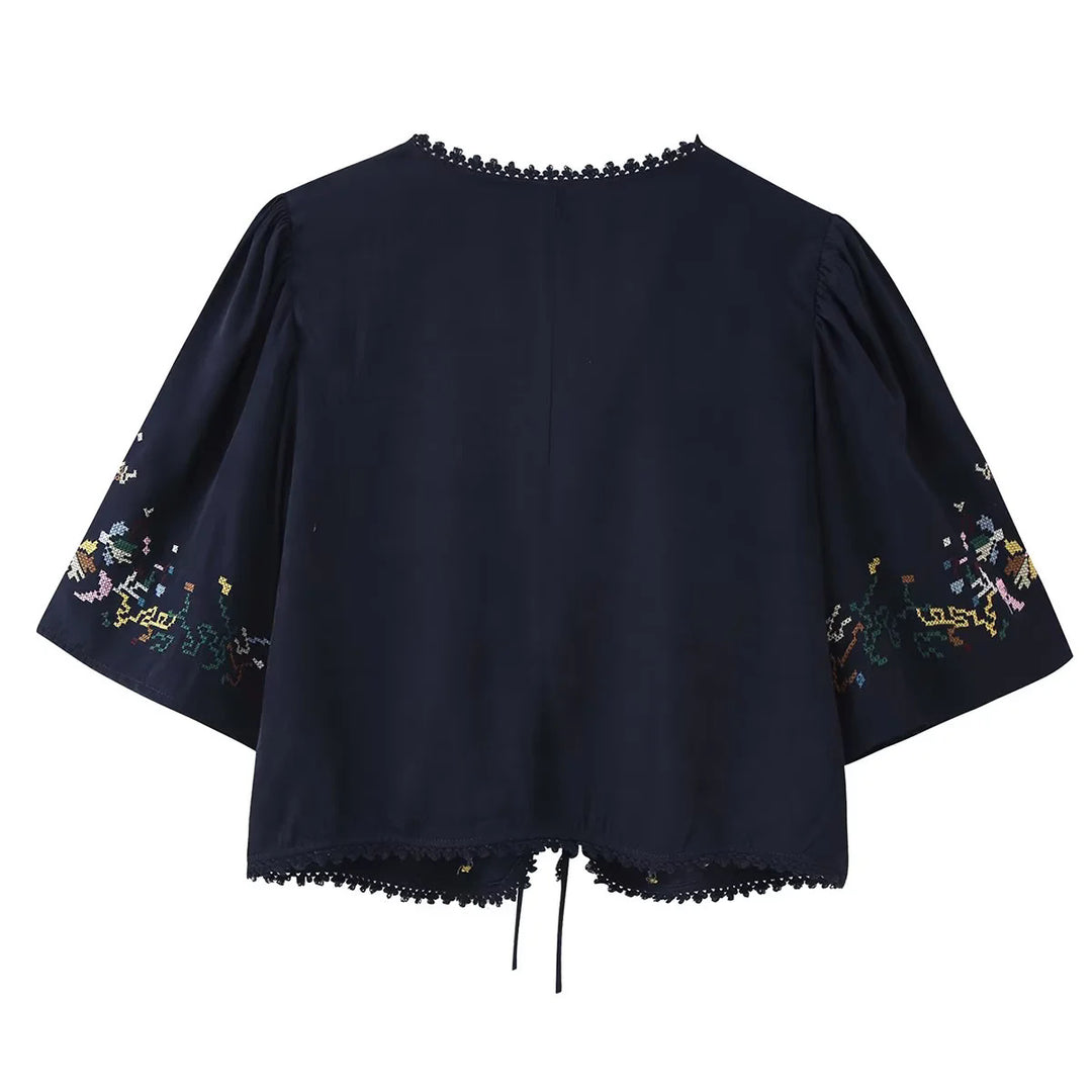 Damen nan bestickte Kimono-Jacke mit Bindeband, Häkelkante und ellenbogenlangen Ärmeln Drune