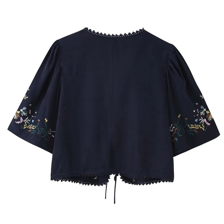 Damen nan bestickte Kimono-Jacke mit Bindeband, Häkelkante und ellenbogenlangen Ärmeln Drune