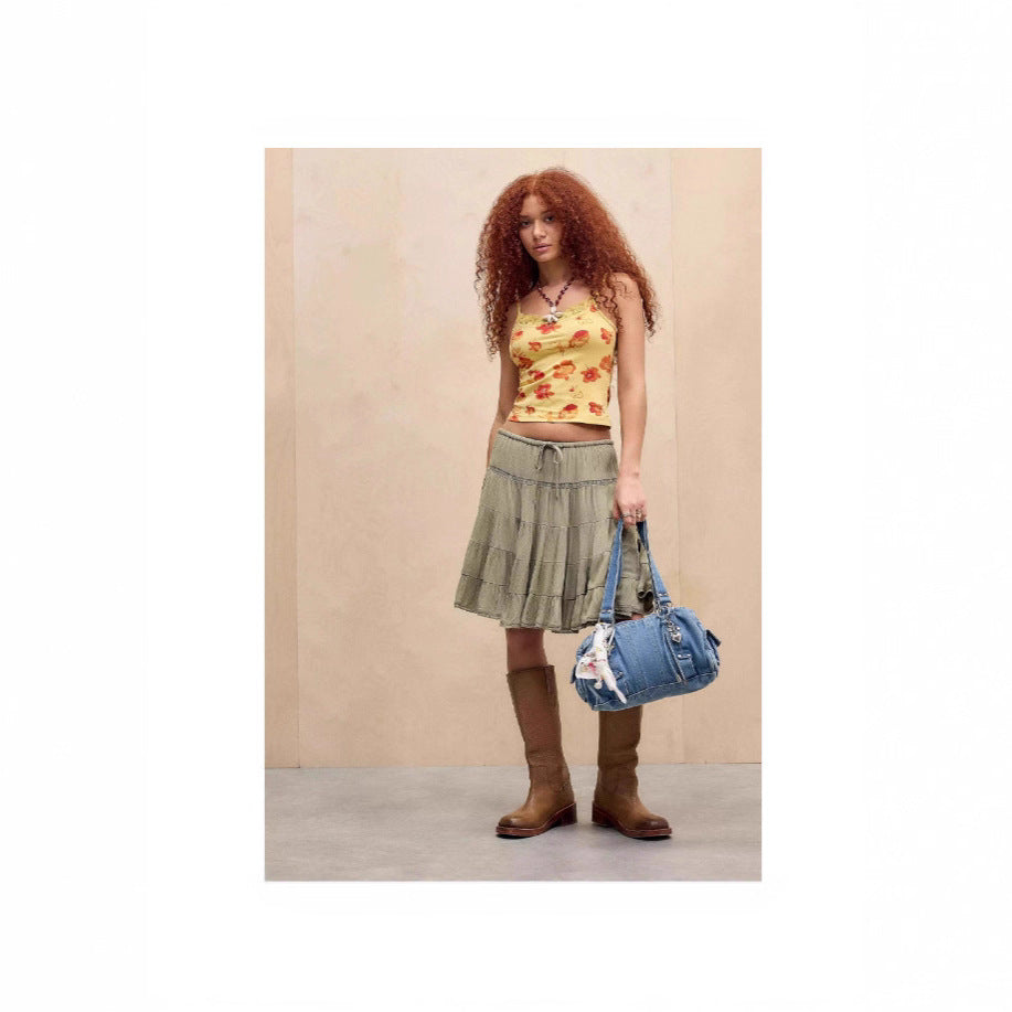 Damen florales Spaghetti-Top mit Spitzenrand Drune