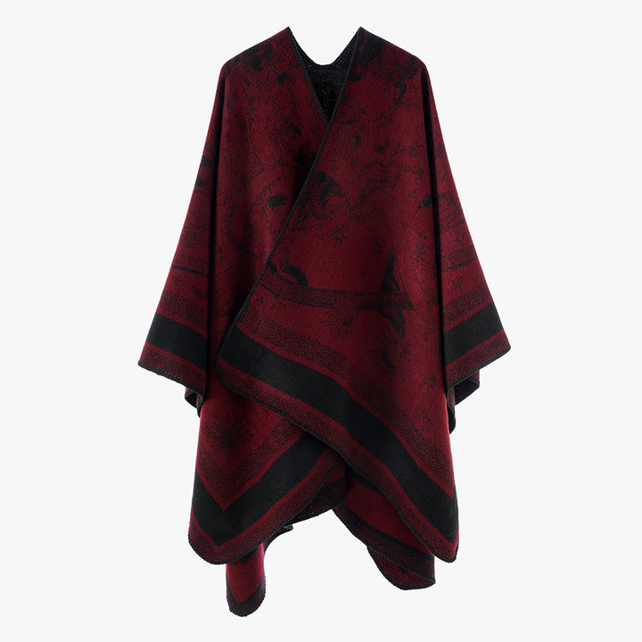 Damen Oversize-Jacquard-Capeponcho aus Wollmix mit V-Ausschnitt und himmlischem Motiv Drune