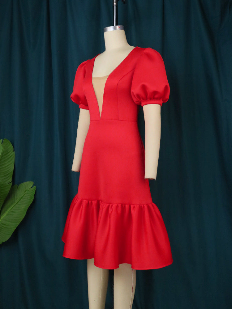 Damen elegantes Wickelkleid mit voluminösen Puffärmeln und Rüschensaum Drune