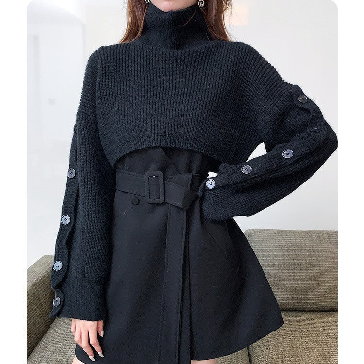 Damen Kurzgeschnittener Rollkragen-Bolero-Überwurf mit langen Ärmelknöpfen Drune