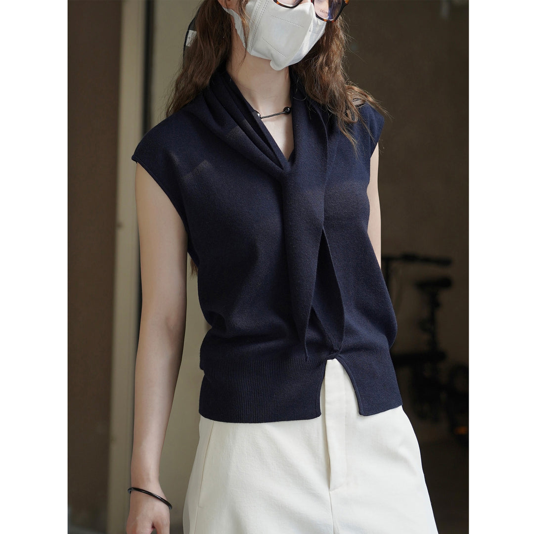 Damen Ärmellose Feinstrick‑Weste mit V‑Ausschnitt, Knopfleiste und Bindeband‑Taille Drune