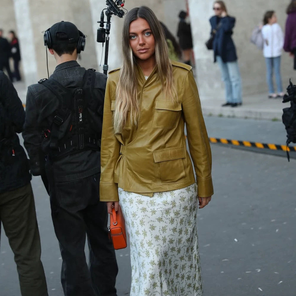 Damen Lederimitat-Utility-Jacke mit Stehkragen, Brustklappen & verdecktem Reißverschluss Drune