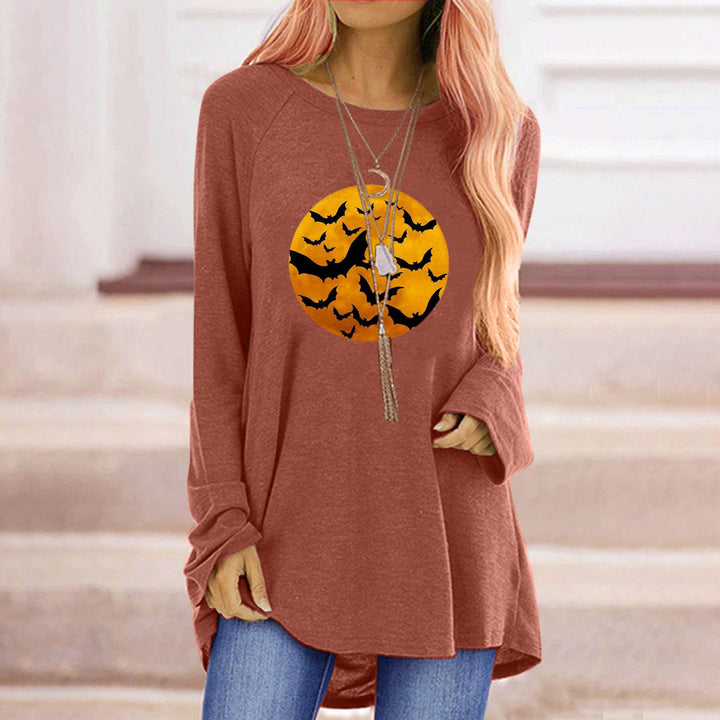 Damen Rundhalsshirt mit künstlerischem Halloween-Motiv und bequemer Passform Drune