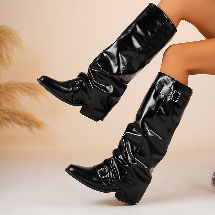 Damen kniehohe Lackstiefel mit Schlupfschaft und verstellbaren Schnallen Drune