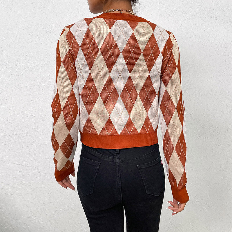 Damen Taillierter Kurzpullover im Rautenmuster mit Feinstrick und Rippbündchen Drune