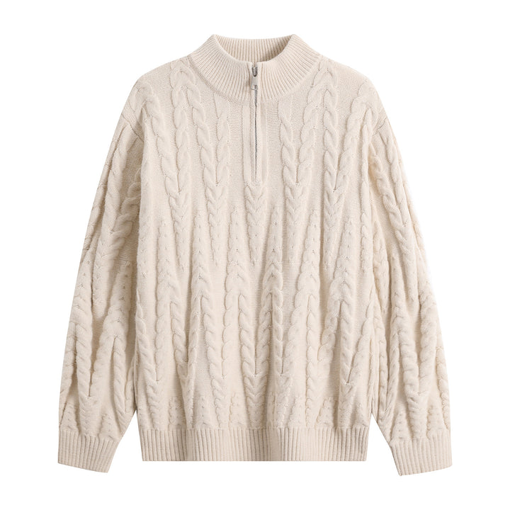 Herren Grobstrick-Halbzip-Pullover im Oversize-Zopfmuster mit hohem Rippkragen Drune
