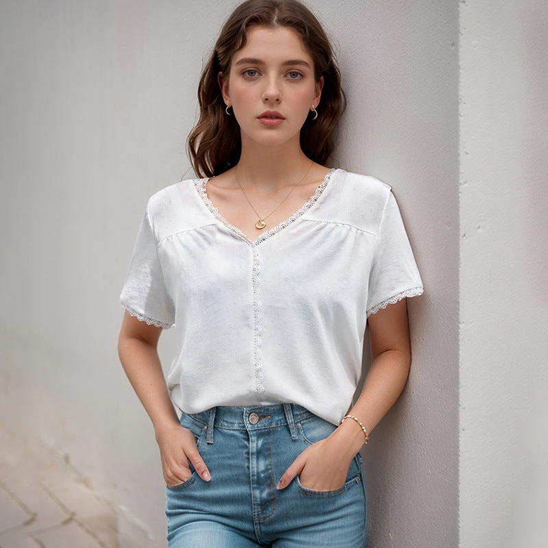 Damen luftiges Blusenshirt mit feinen Spitzenakzenten und modischem V-Ausschnitt Drune
