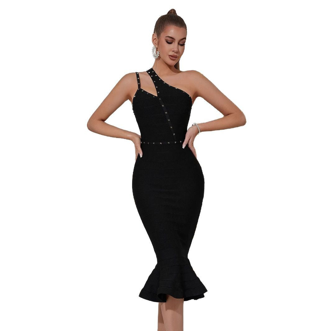 Damen Elegantes Etuikleid mit asymmetrischem Design und dekorativen Trägern Drune