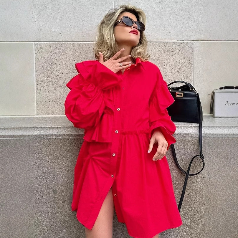 Damen Rüschenbluse im Oversized-Design mit Knopfleiste Drune