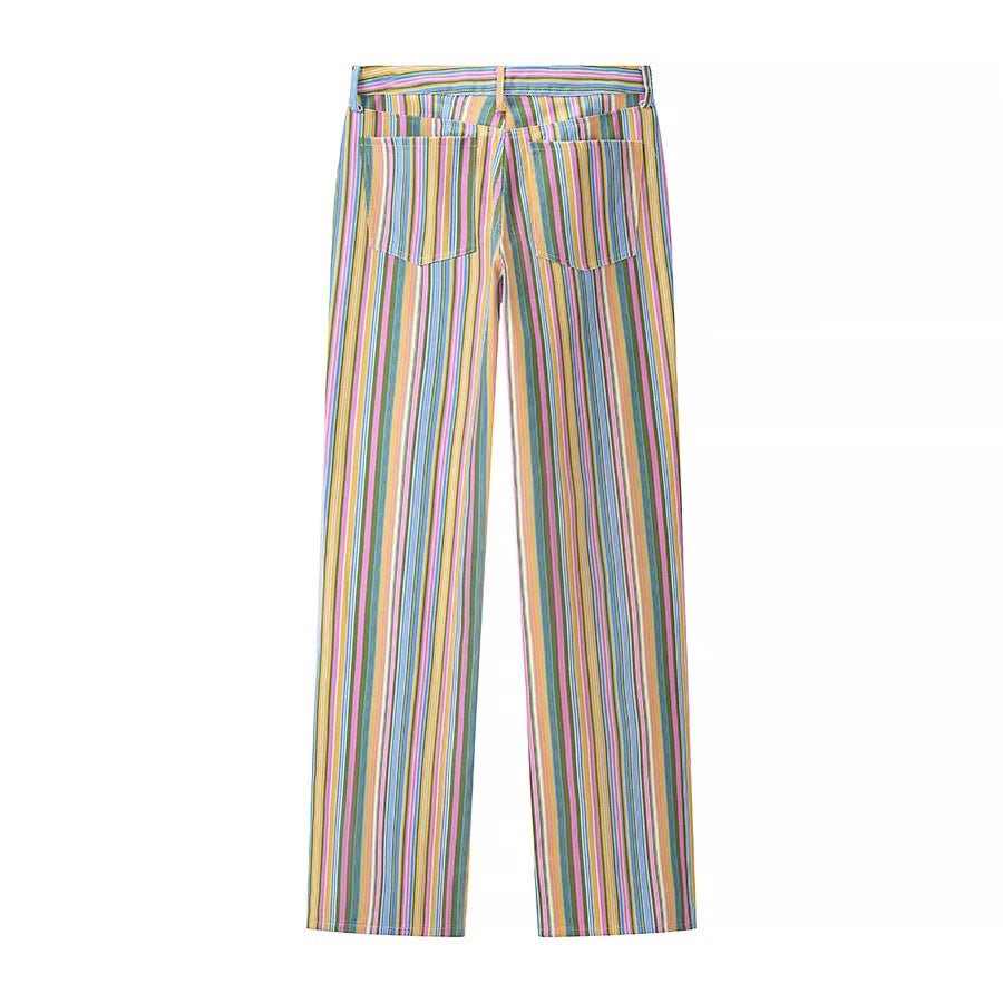 Damen nan gestreifte Highwaist Hose gerade geschnitten mit weitem Bein und klassischem Taschen-Design Drune