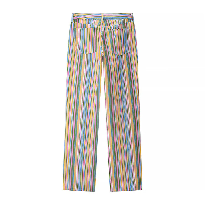 Damen nan gestreifte Highwaist Hose gerade geschnitten mit weitem Bein und klassischem Taschen-Design Drune