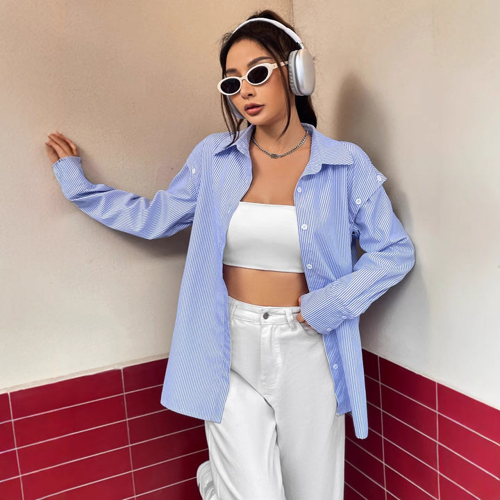 Damen lässige gestreifte Bluse mit übergroßem Schnitt und Knopfdetails Drune