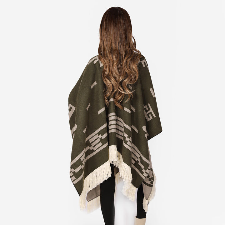 Damen V-Ausschnitt-Poncho im Jacquard-Strick mit Fransenabschluss Drune