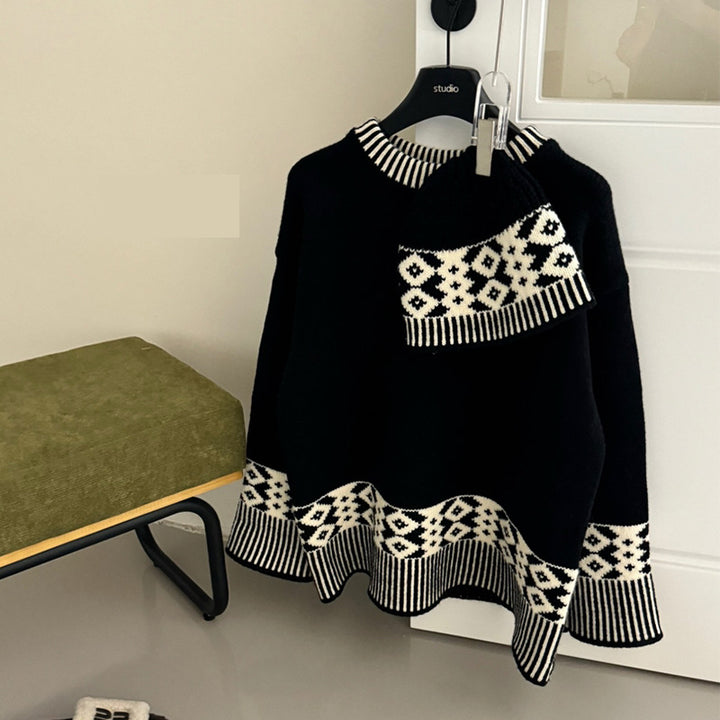 Damen modischer Strickpullover mit geometrischem Muster und Rundkragen Drune