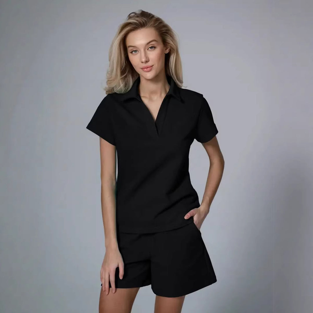 Damen sportliches Kurzarm-Set mit modernem Stehkragen und elastischem Bund Drune