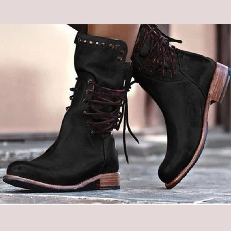 Damen Schnürstiefel im Vintage-Look aus Lederimitat mit Nietenbesatz und niedrigem Blockabsatz Drune