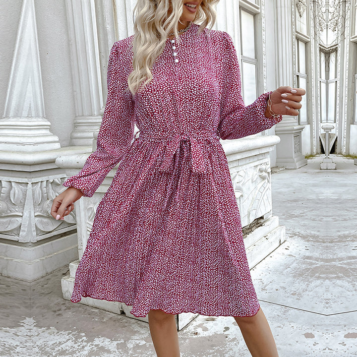 Damen Midikleid mit Taillenband, lockerem Stufenrock und langen Ballonärmeln Drune