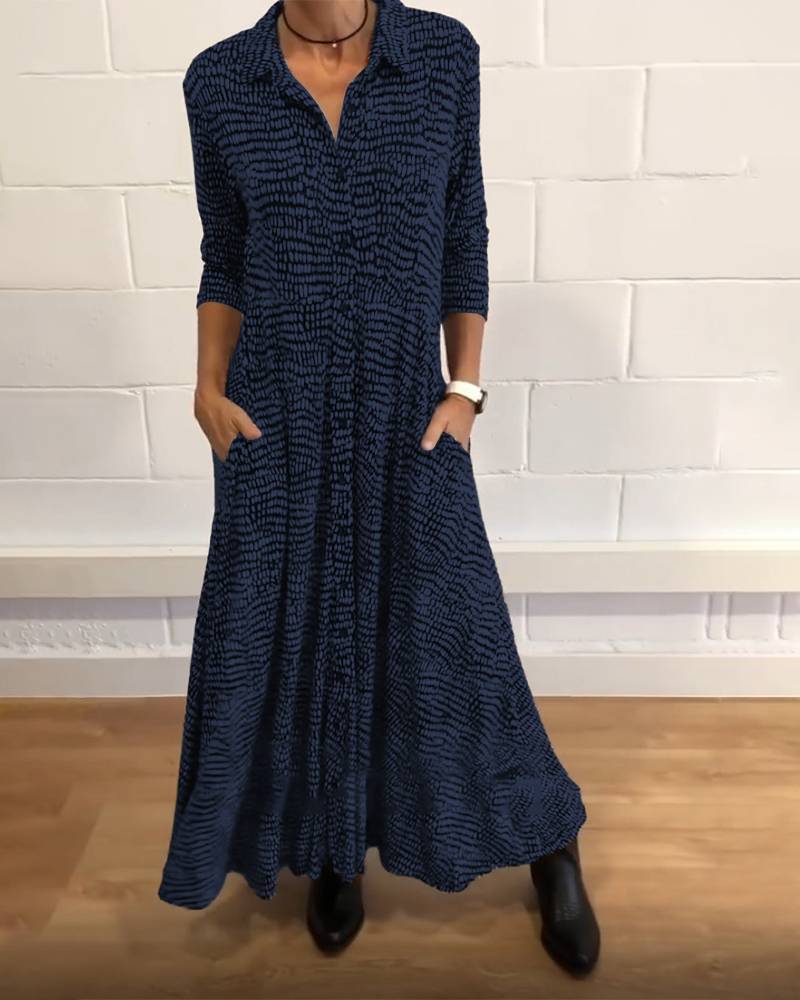 Damen nan fließendes Maxikleid mit Hemdblusenkragen, V-Ausschnitt, dreiviertelärmeln und Seitentaschen Drune