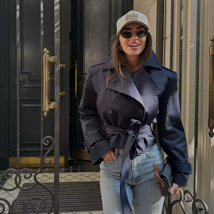 Damen Modische Kurzjacke mit breitem Kragen und Bindegürtel Drune