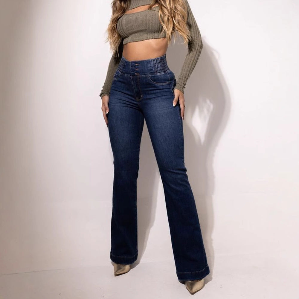 Damen nan hochtaillierte Stretch Flared Hose mit breitem Komfortbund und figurformenden Nähten Drune