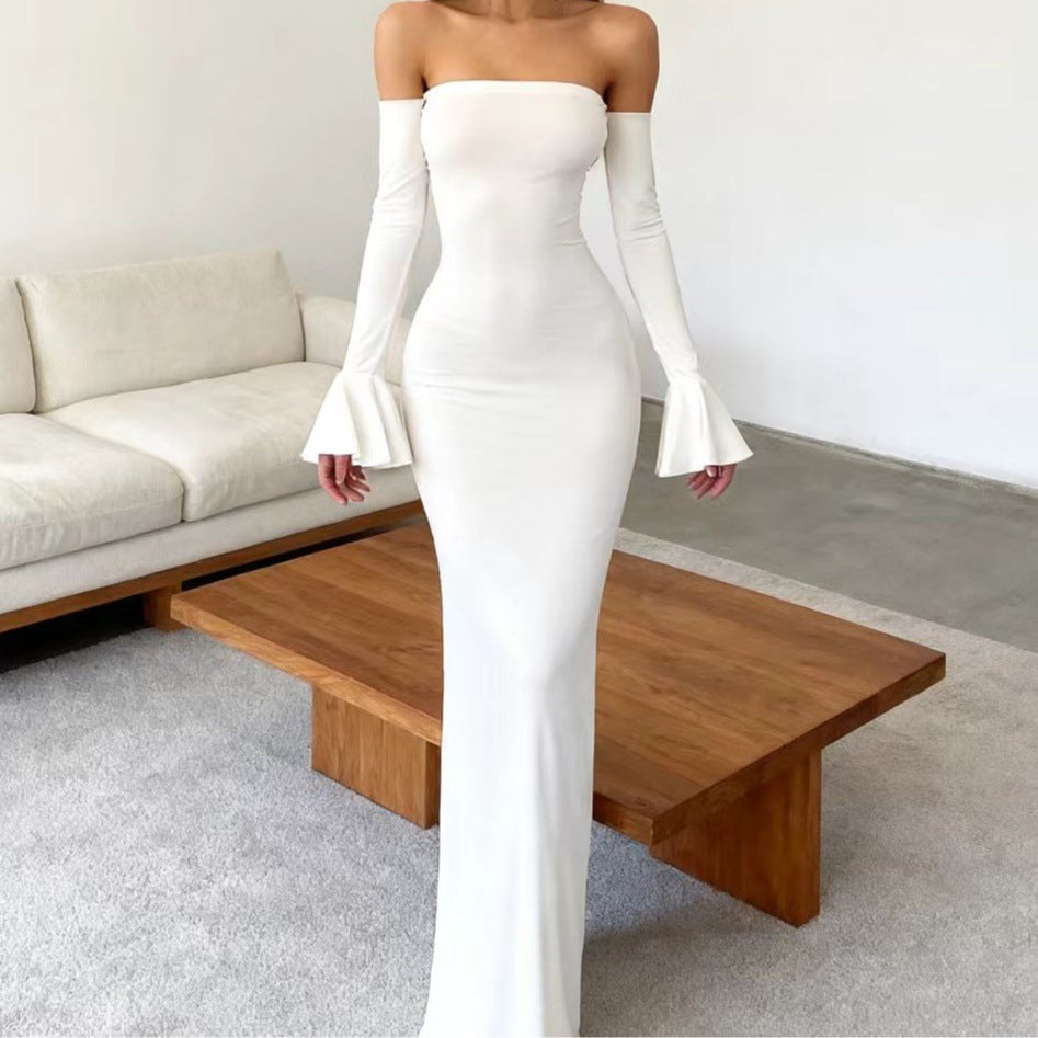 Damen Körperbetontes Off-Shoulder Abendkleid mit langen Ärmeln und voluminösen Abschlüssen Drune