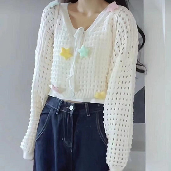 Damen luftige Strickjacke mit bunten Sternapplikationen und Kordelzug Drune
