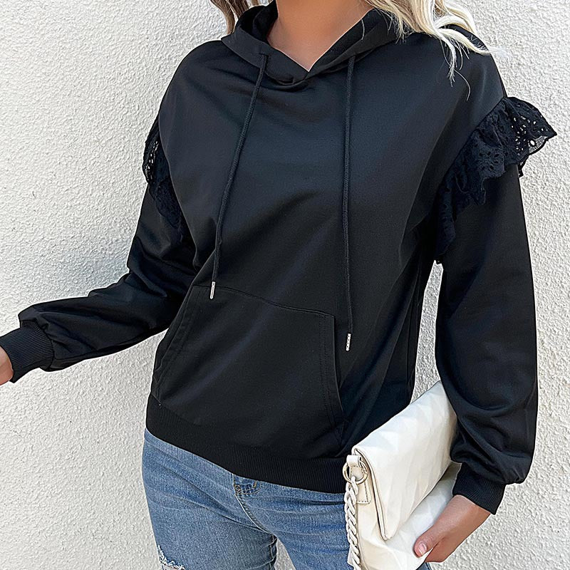 Damen Kapuzenpullover mit Spitzenvolant, Kängurutasche & Rippbündchen Drune