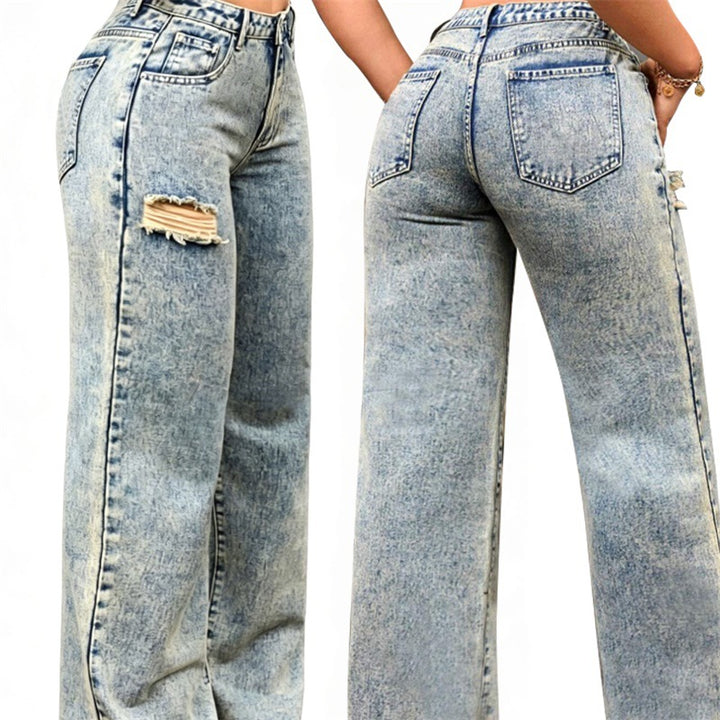 Damen High-Waist Relaxed-Jeans mit Steinwasch-Effekt und seitlichem aufgerissenem Einsatz Drune