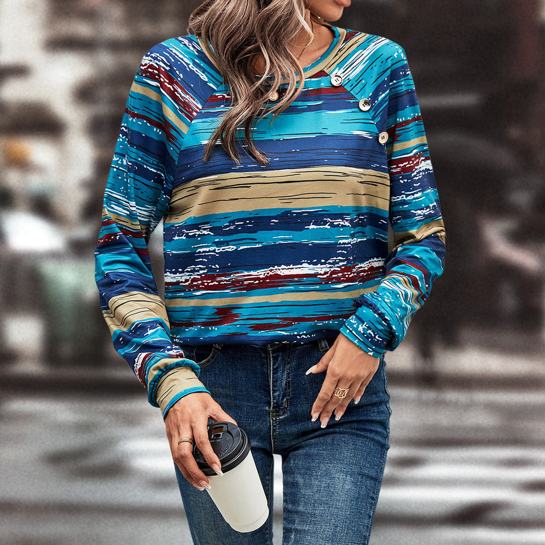 Damen gemusterter Langarm-Pullover mit kreativen Knopfdetails Drune